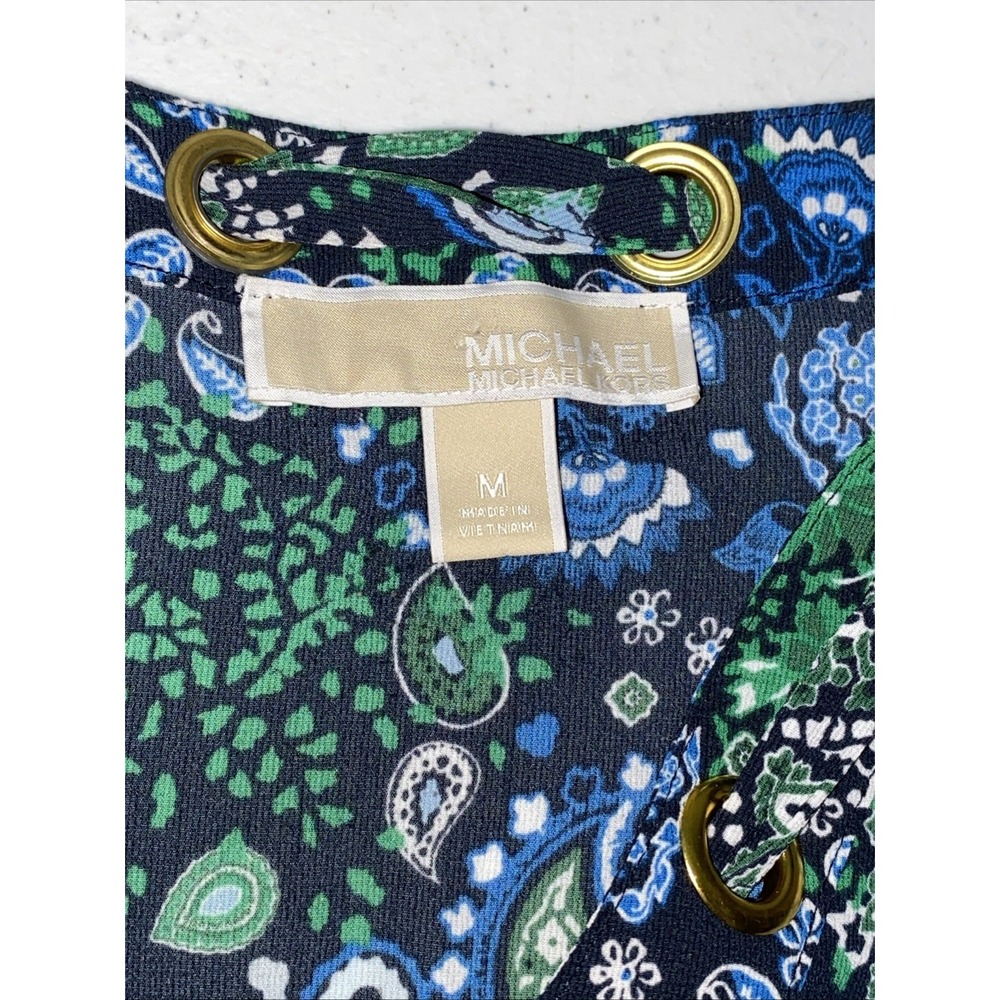Michael Kors Womens Green Blue Paisley V-Neck Keyhole Blouse Long Sleeve Medium - Picture 4 of 5